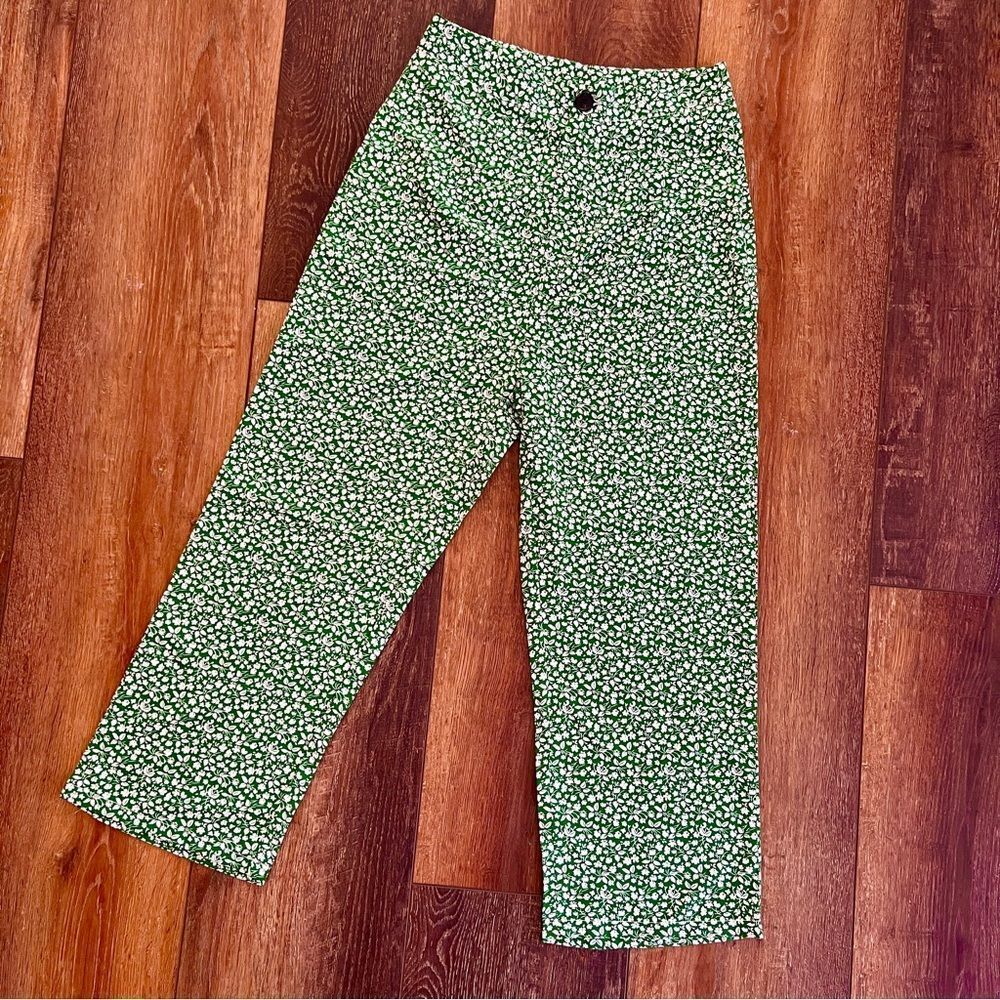 SHEIN High Waisted Green Ditsy Floral Spring Capri Ankle Trousers Sz Small